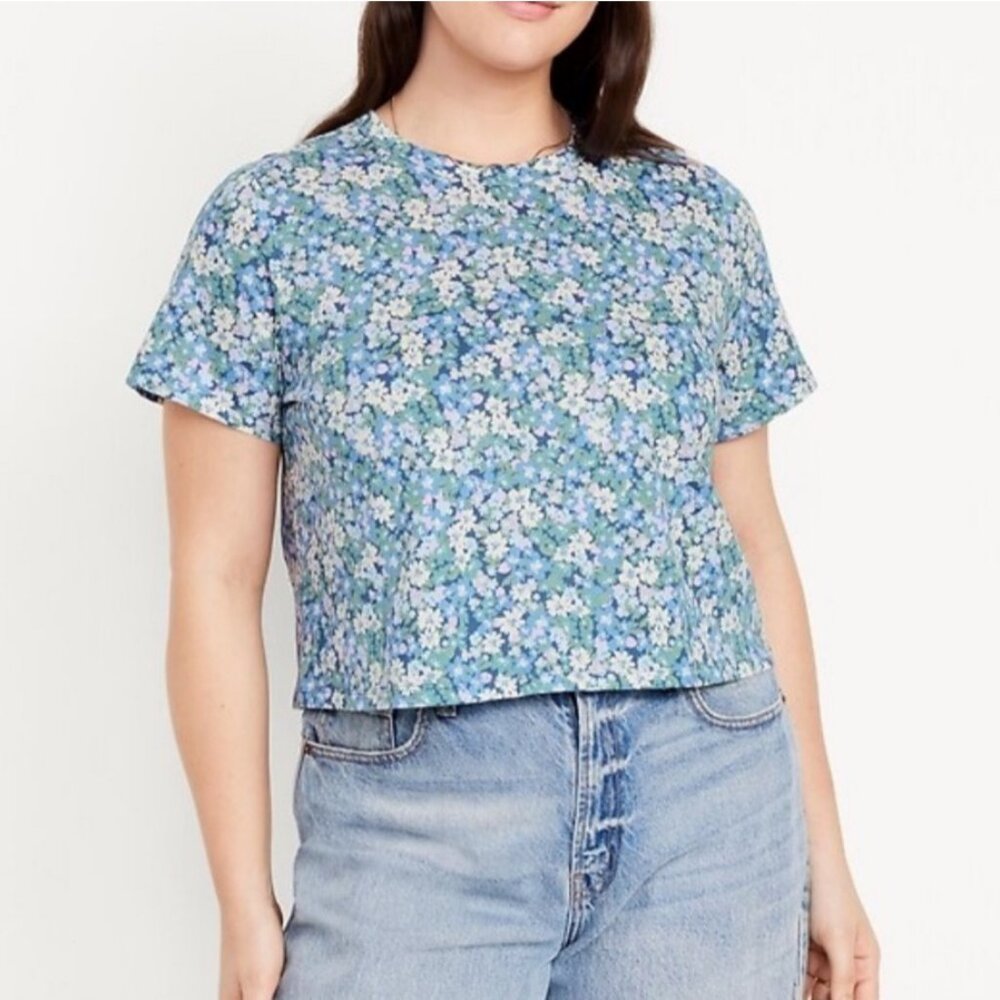 NWT Old Navy Womens Floral Cropped Short-Sleeve Tee Blue Cotton Cottage Bloom